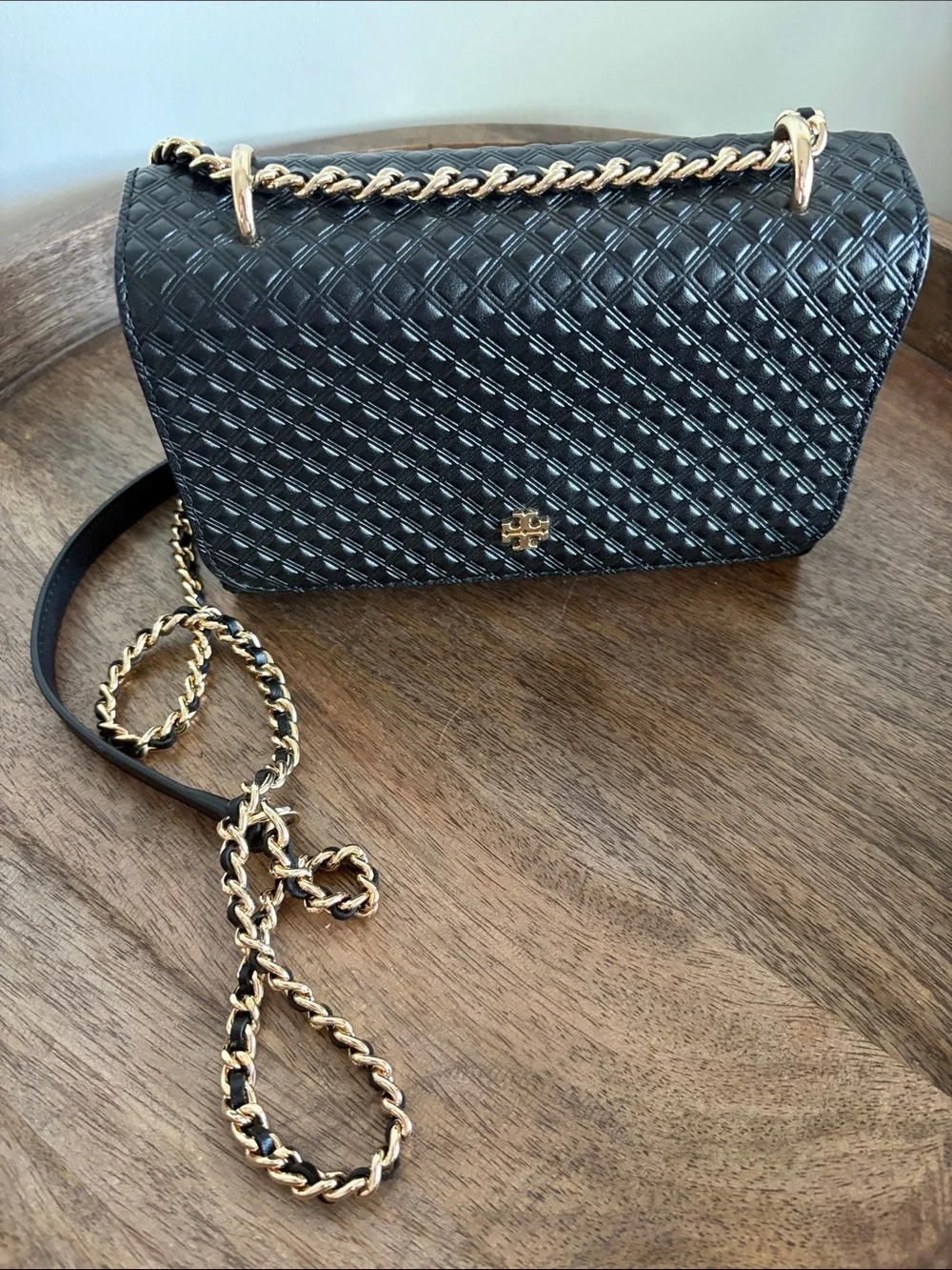 Tory Burch Quilted Black Leather Crossbody Bag with Gold Chain